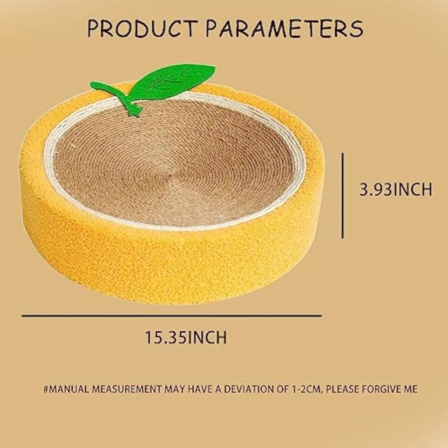 Round yellow cat scratching board with sisal surface measuring 390mm diameter, concave centre for cat sleeping