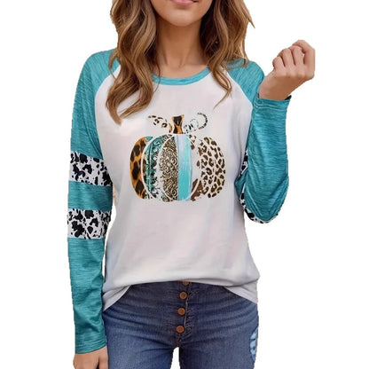Sky blue Halloween pumpkin 3D printed polyester T-shirt with long sleeves