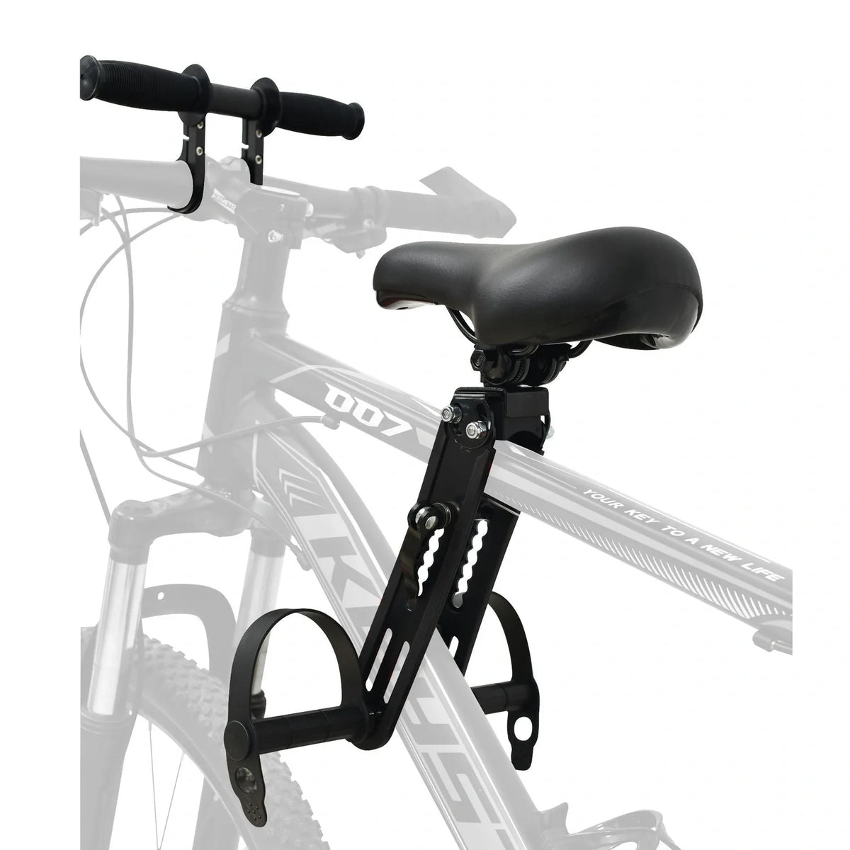 Black front-mounted kids bicycle seat with quick-release attachment for mountain bikes