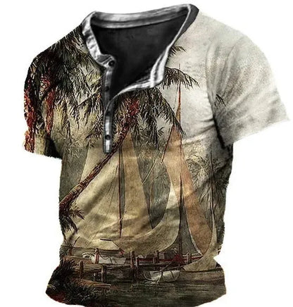 Men's grey 3D print pattern short sleeve polo shirt with lapel collar on a mannequin.