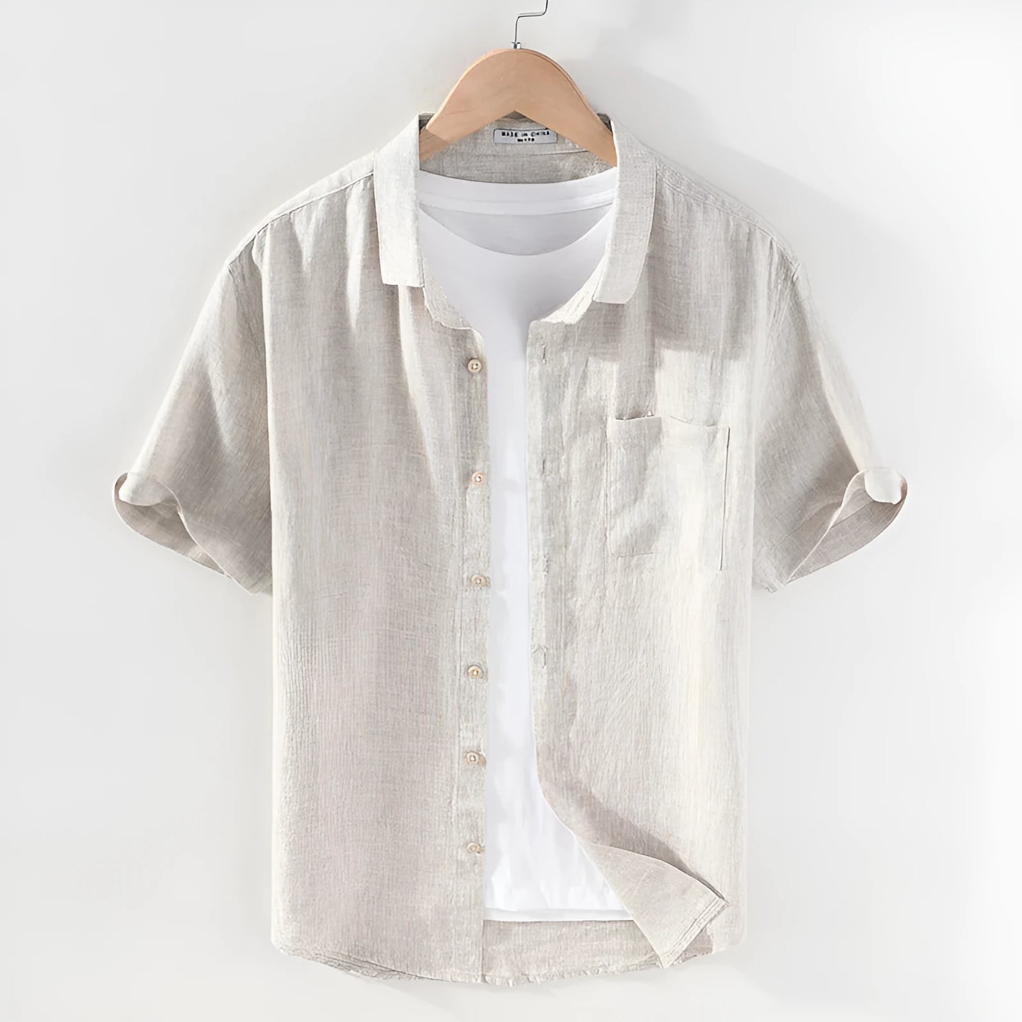 Men's linen square collar shirt with short sleeves in raw jute colour, cardigan style
