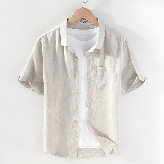 Men's linen square collar shirt with short sleeves in raw jute colour, cardigan style