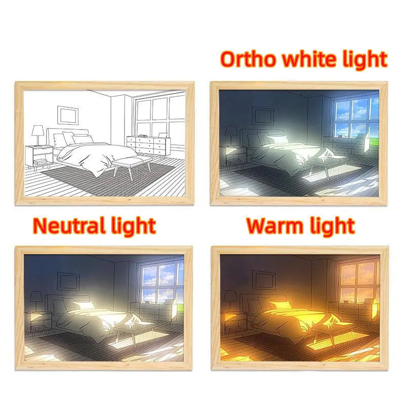 LED illuminated decorative picture light on a table showing a scenic landscape image glowing from within.