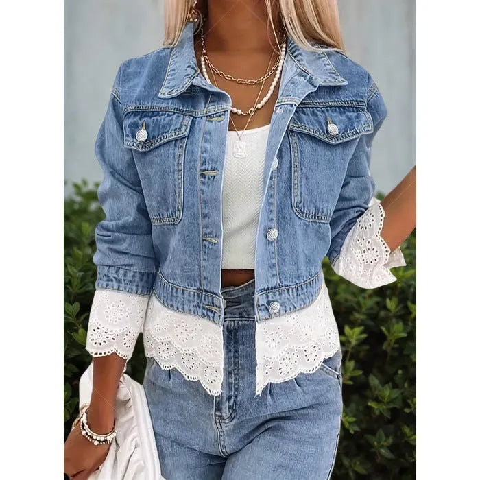 Blue denim jacket for women with decorative lace stitching detail on the front, long sleeves.