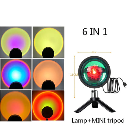 Sunset projection lamp with remote control showing rainbow colour lighting effects on wall