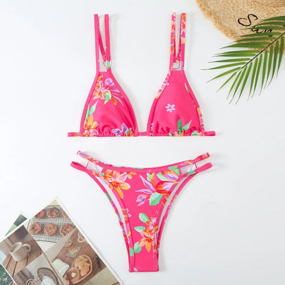 Women's floral printed halterneck bikini set in polyester fibre for swimming
