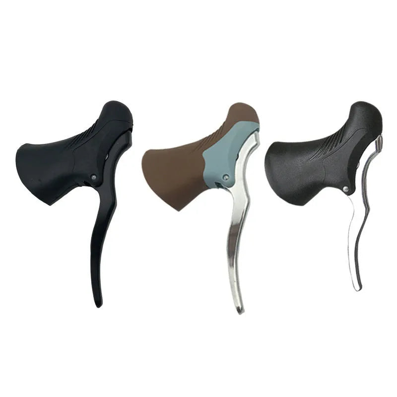 Pair of aluminium alloy road bicycle brake levers in black, shown next to a ruler indicating 22.2mm and 23.8mm measurements.