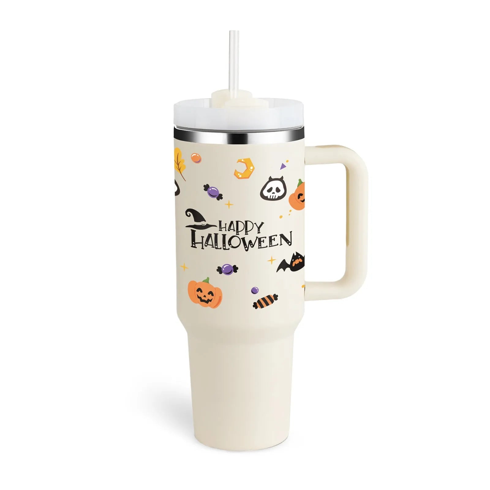 40 oz stainless steel insulated tumbler with handle and straw in tapered mug design