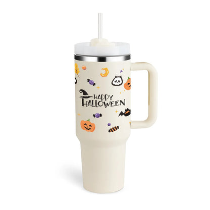 40 oz stainless steel insulated tumbler with handle and straw in tapered mug design