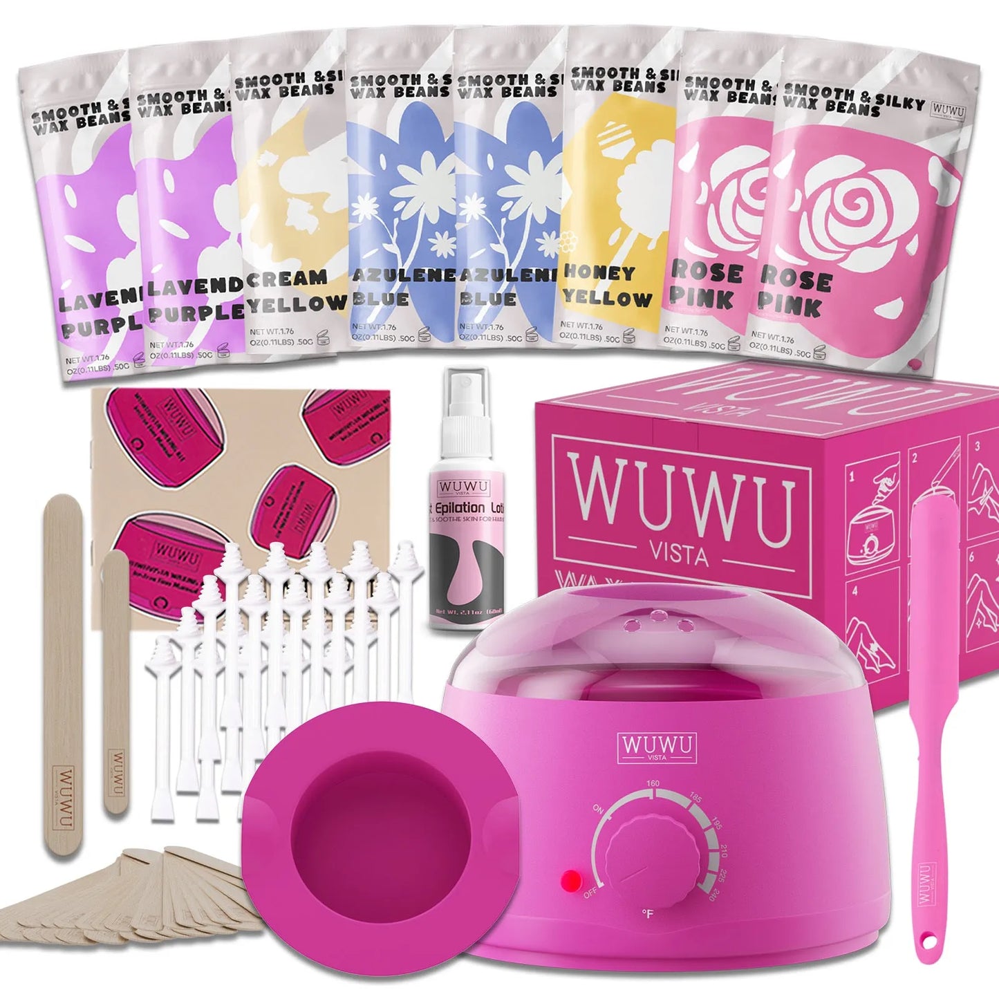 Waxing kit with 200cc warmer, 8 wax bead packs, applicator sticks, silicone bowl, spatula, and lotion for hair removal
