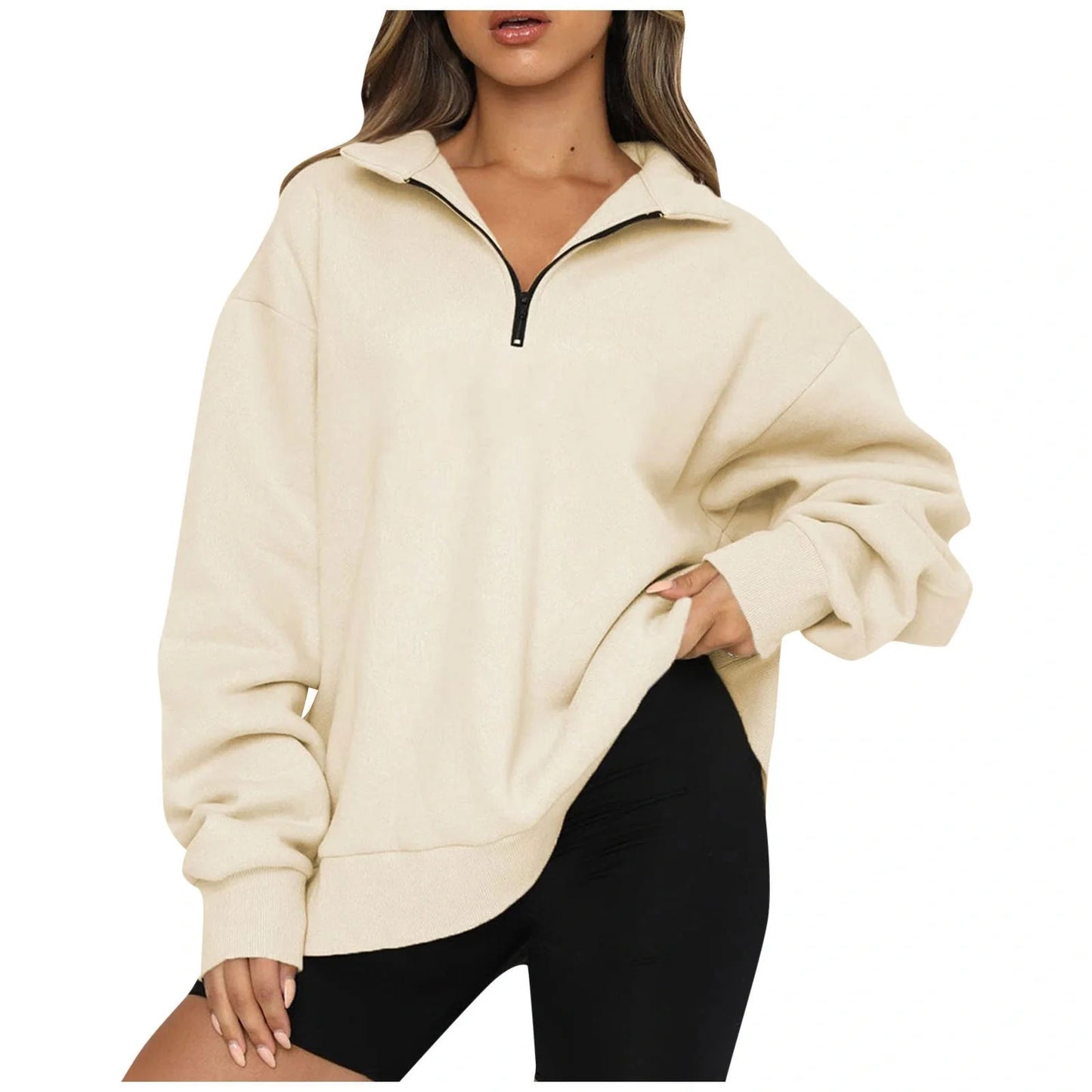 Women's zip turndown collar sweatshirt in various colors, showcasing loose fit and zipper detail.