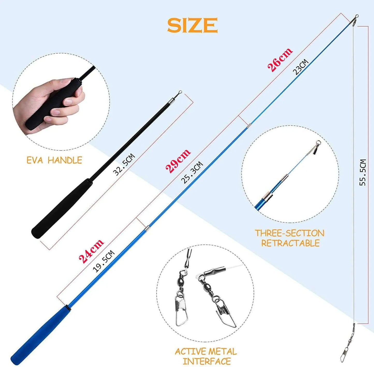 Handheld cat teasing toy with extended rod and colourful feather attachment next to a spare pole and replacement heads
