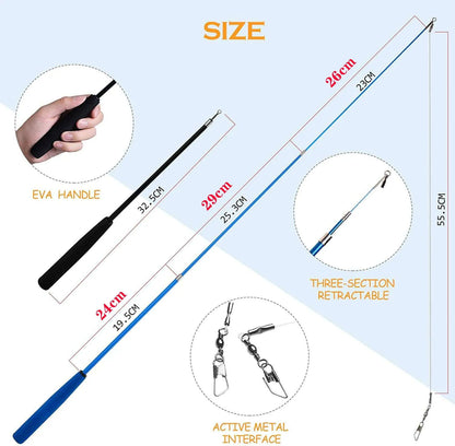 Handheld cat teasing toy with extended rod and colourful feather attachment next to a spare pole and replacement heads
