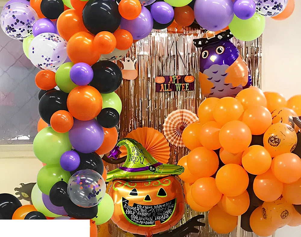 Halloween latex balloon set with bat designs, 12-inch black and orange balloons, 10m chain, and ribbons for party decor
