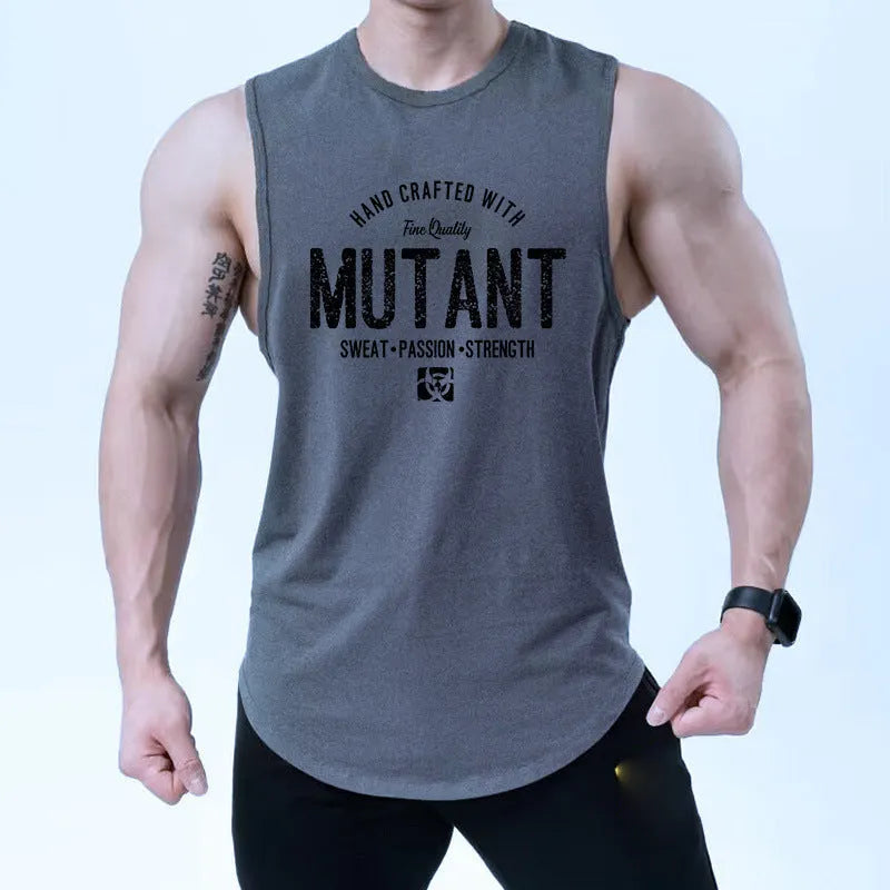 Loose-fit polyester workout tank top in multiple colours on a size chart.
