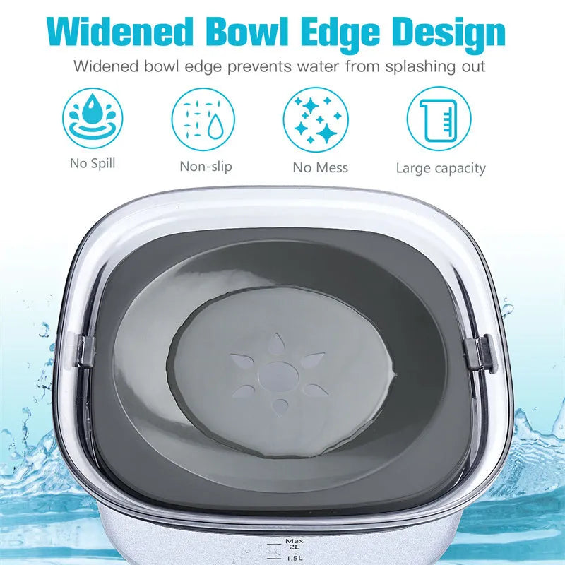 Transparent 2L dog water bowl with floating slow-feeding disk and non-slip base