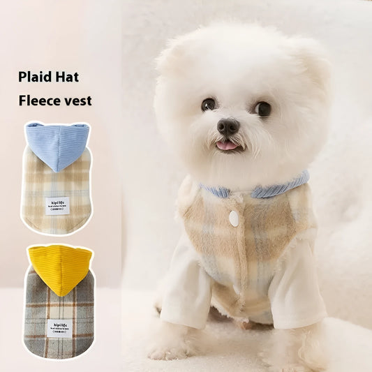 Blue corduroy dog hoodie with chessboard grid pattern and a hood.
