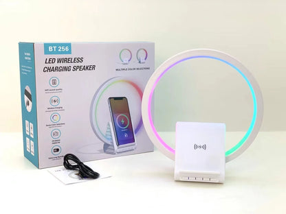 White wireless charging Bluetooth speaker with ambient lighting, compact rectangular design measuring 225mm x 200mm x 10mm