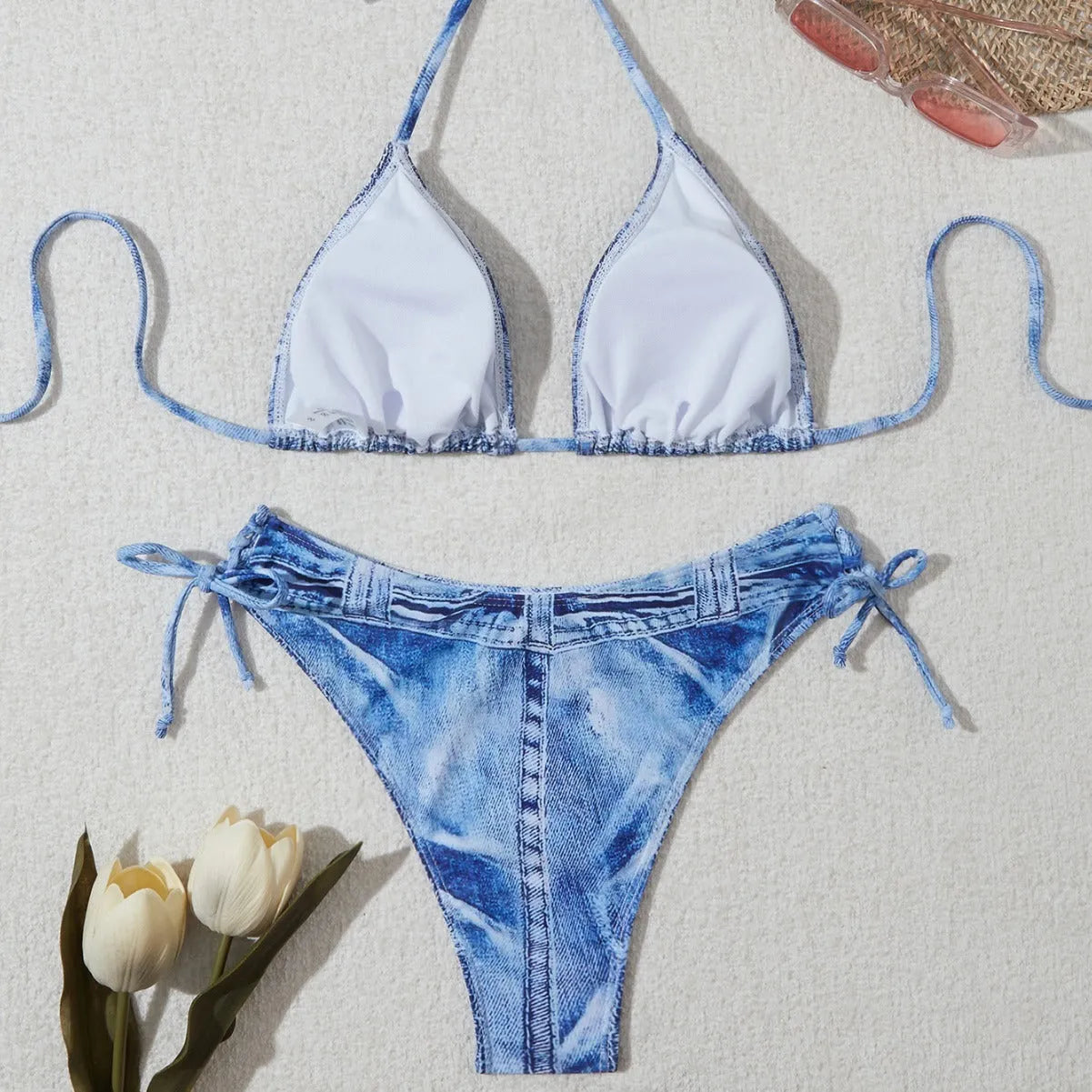 Women's denim blue printed bikini suit with adjustable straps, sizes S M L XL, nylon spandex fabric