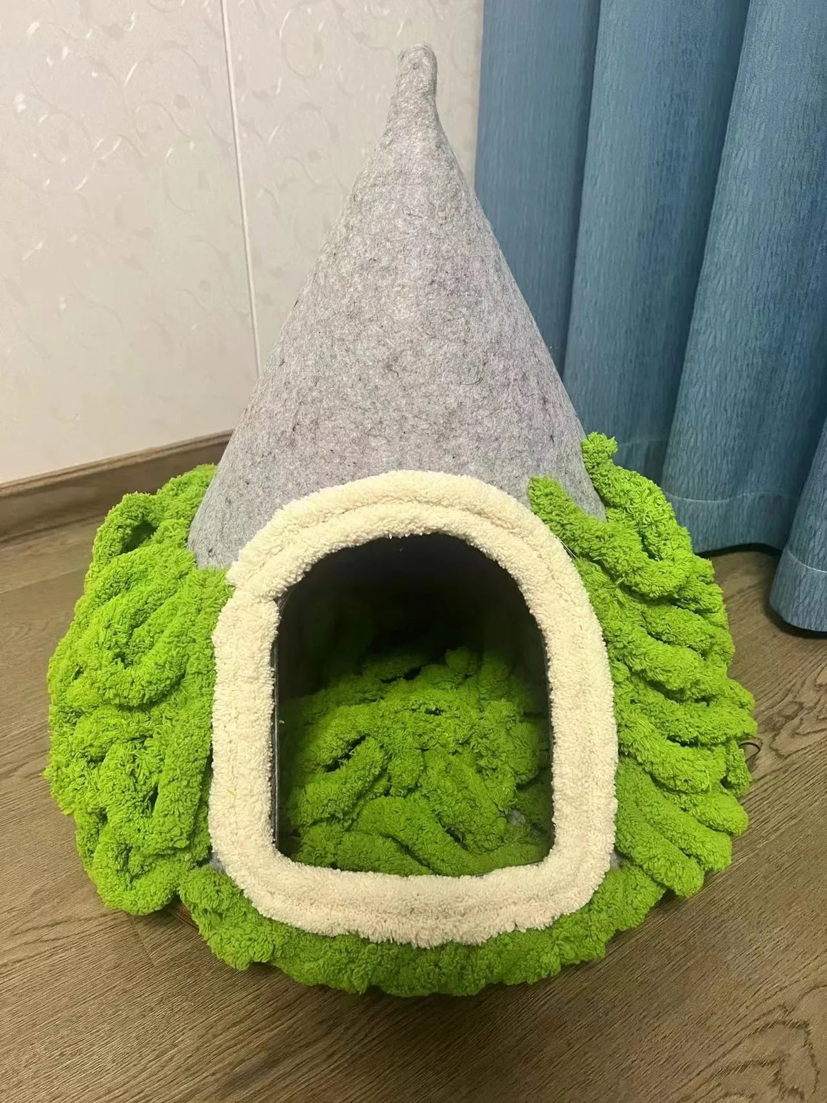 Grey felt cone-shaped cat house with tent design for indoor pets