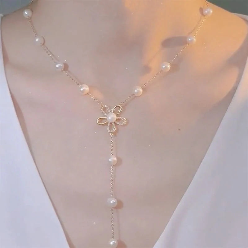 Freshwater pearl necklace with real gold plating and flower design, adjustable length 51cm-80cm