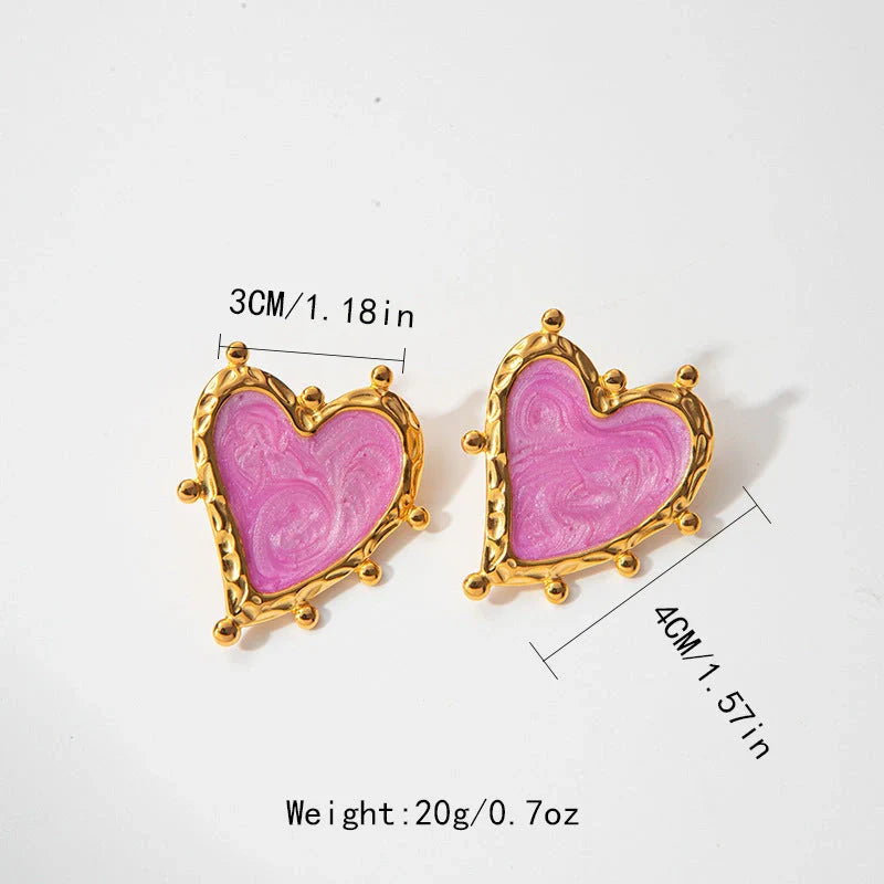 Retro Love Heart Stainless Steel Ear Studs for Women in pink