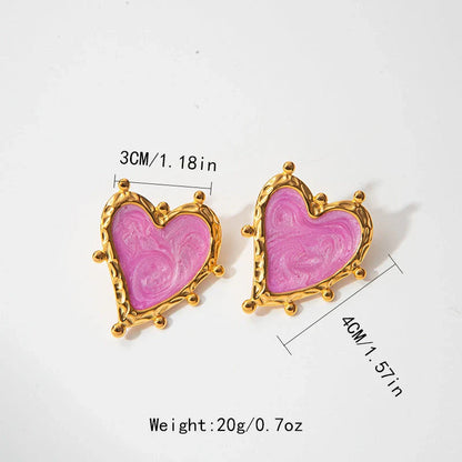 Retro Love Heart Stainless Steel Ear Studs for Women in pink