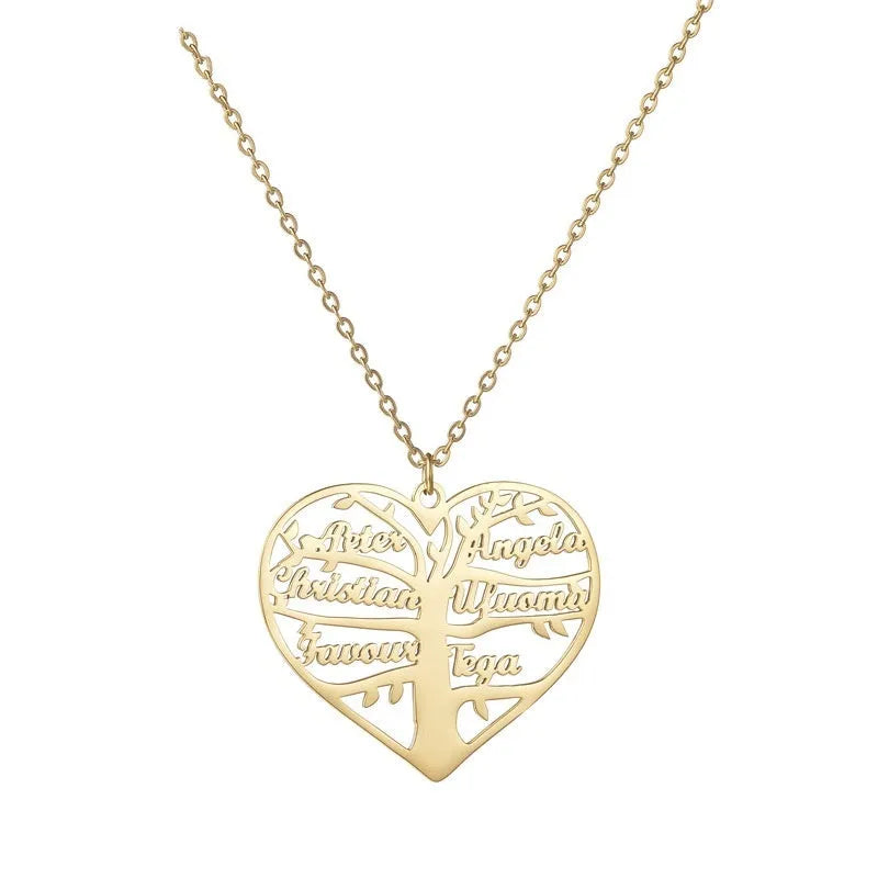 Custom stainless steel name necklace with hollow heart tree pendant in gold, rose gold, or silver on a chain.