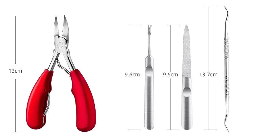 Stainless steel nail clippers with a blue ABS plastic handle and accompanying grooming tools on a white background.