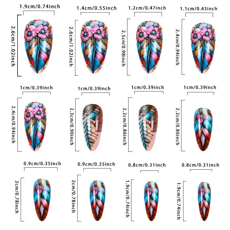 Retro style nail art decals featuring colourful feather armour designs with cartoon, flower, love, butterfly, and cross heart patterns.