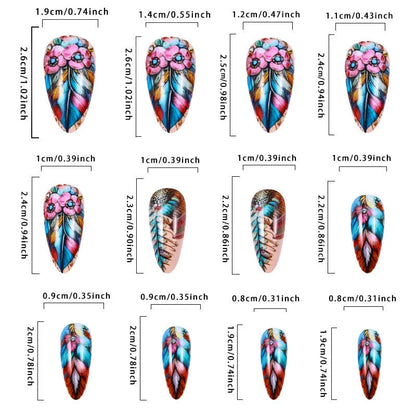 Retro style nail art decals featuring colourful feather armour designs with cartoon, flower, love, butterfly, and cross heart patterns.