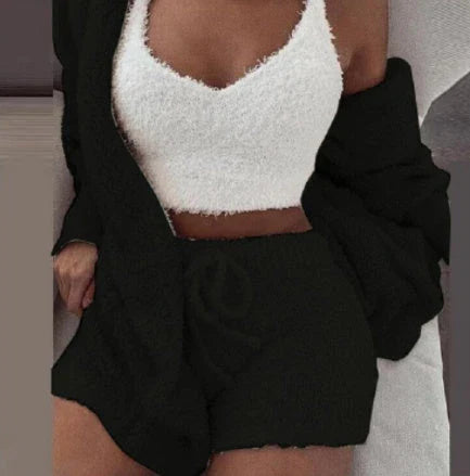 Cozy 3-Piece Women's Pajama Set with Long Sleeve Crop Top and Drawstring Shorts in various colors
