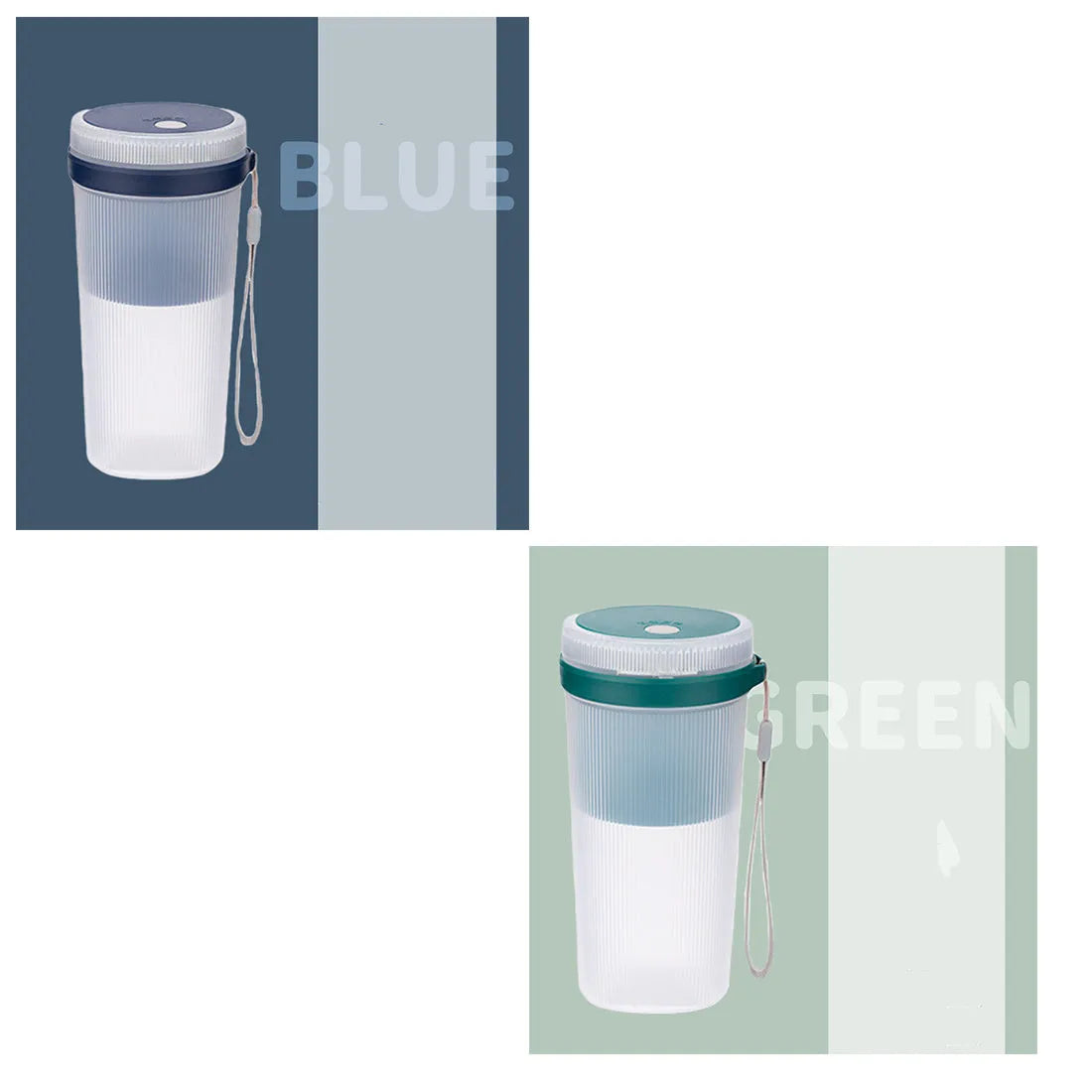 Portable USB rechargeable blender cup in blue, green, or pink with 300ml capacity and detachable blades
