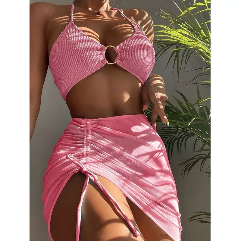Women's solid color halter three-piece swimwear set with chest pad