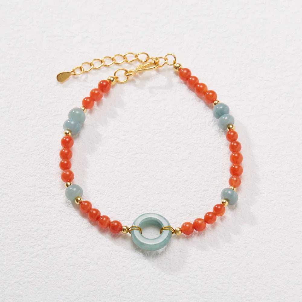 Natural South Red agate bracelet with adjustable buckle and auspicious patterns.