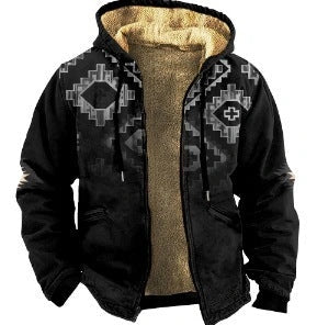 Men's plaid print hooded zip-up jacket with thickened cotton padding for winter warmth