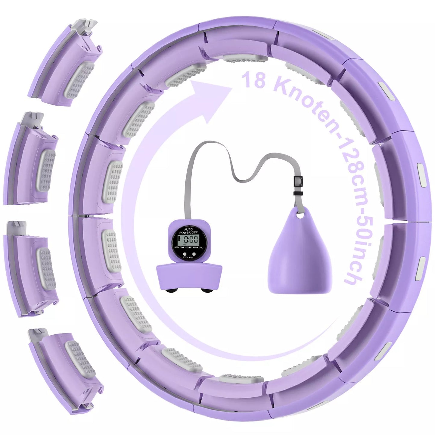 Adjustable detachable massage hula hoop in purple, pink, and blue for fitness and relaxation