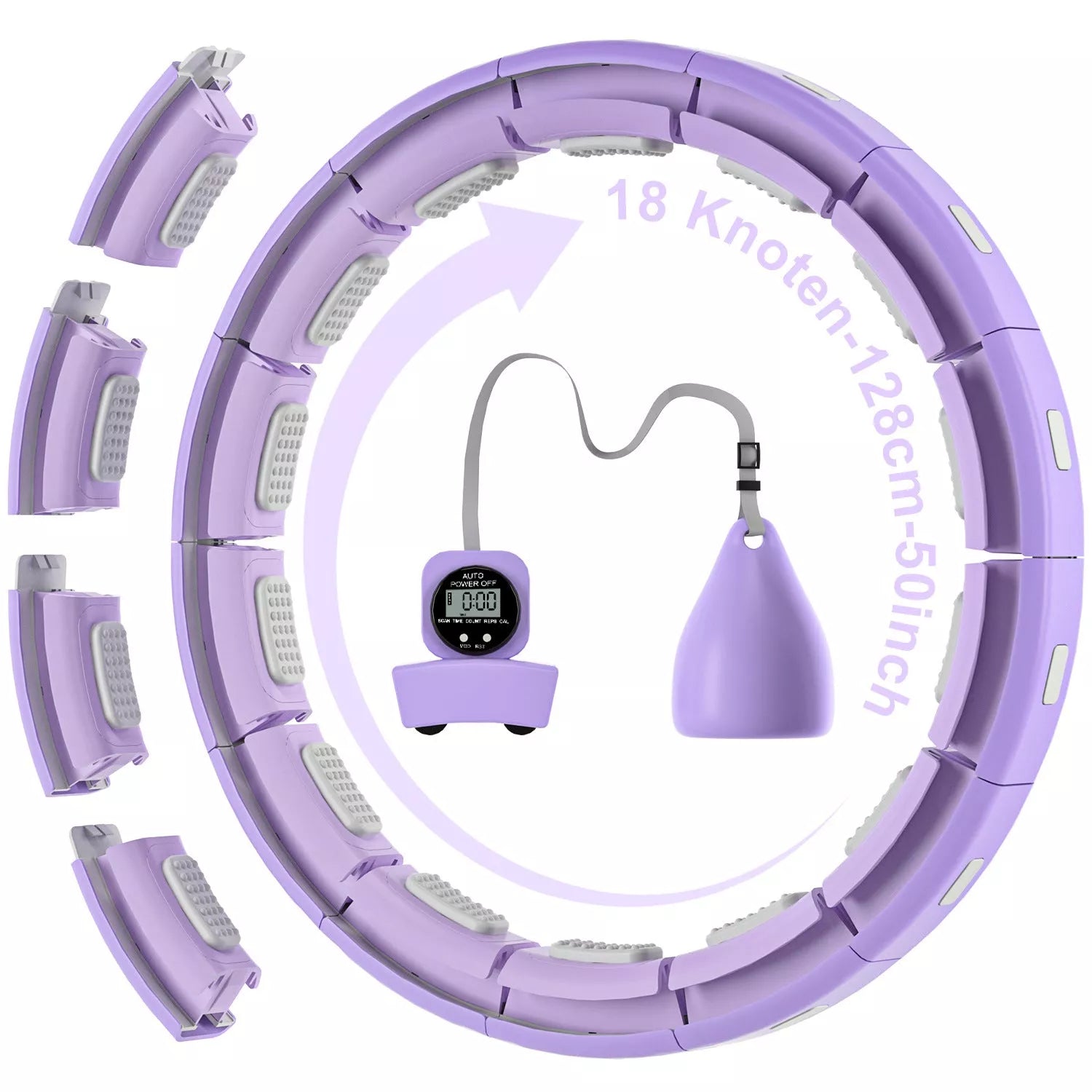 Adjustable detachable massage hula hoop in purple, pink, and blue for fitness and relaxation