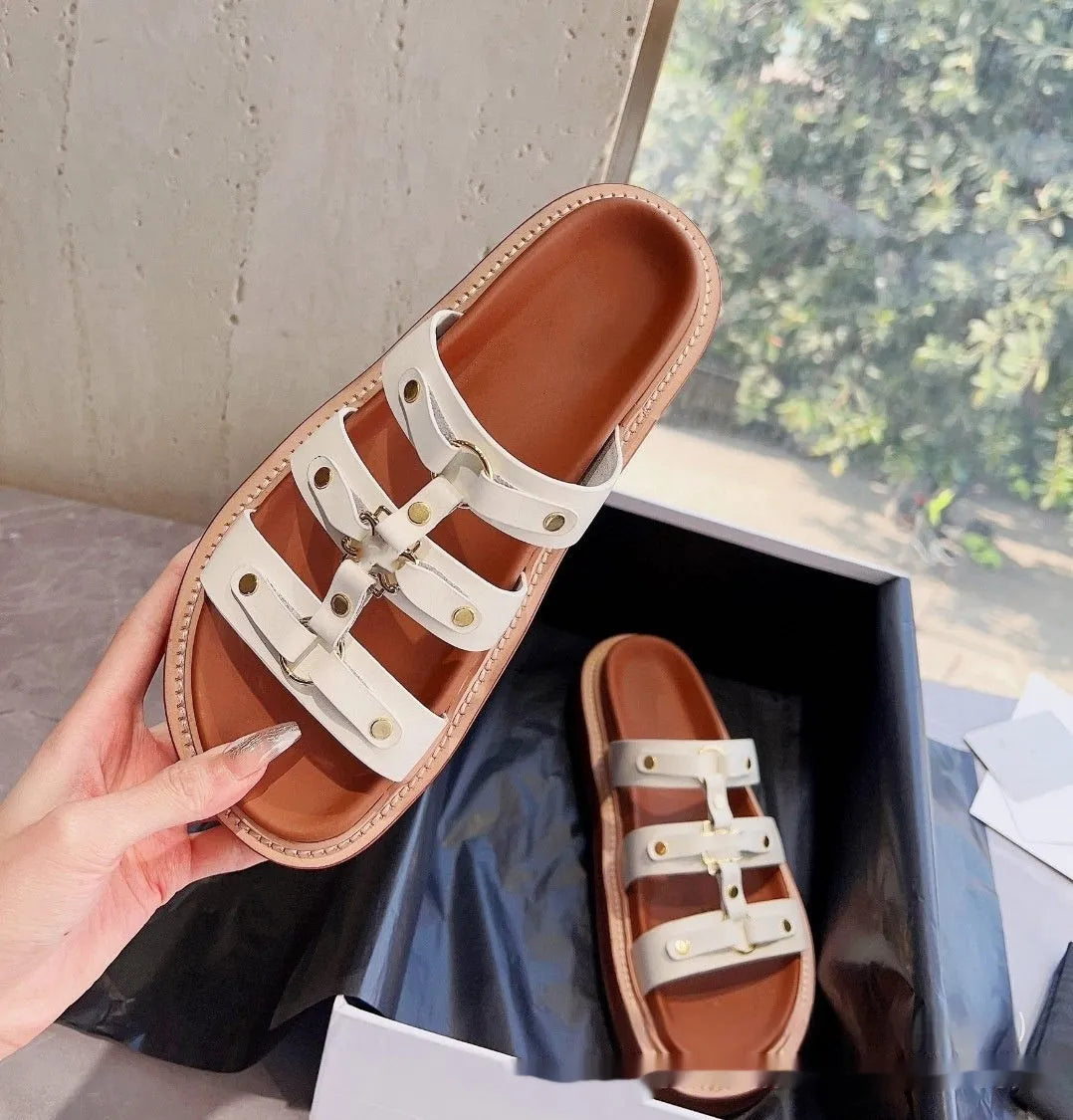 Women's white retro Roman sandal slippers with a sheepskin upper and patent leather finish.