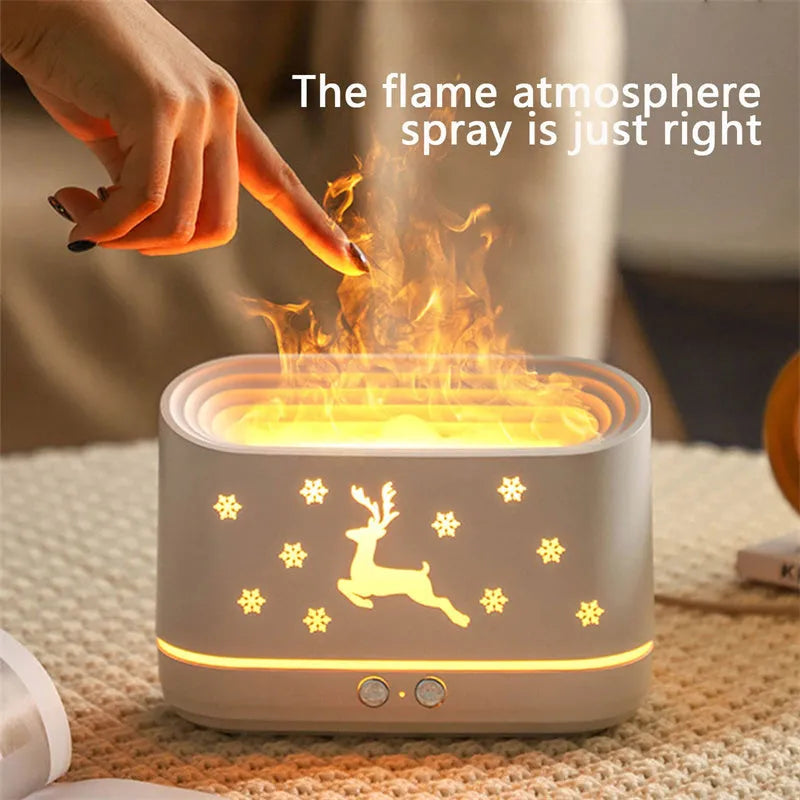 White Elk Flame humidifier diffuser with Christmas pattern and glowing adjustable flame effect.