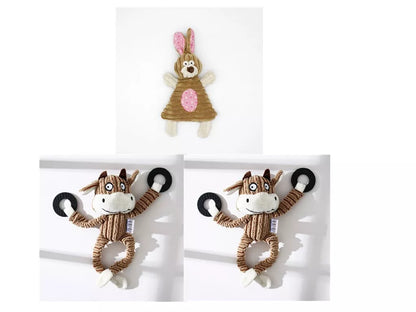 Donkey-shaped corduroy chew toy for dogs with squeaker, available in white, brown, and gray