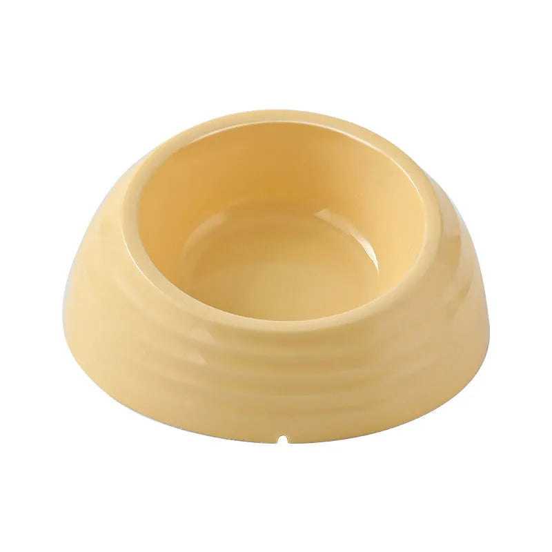 Single stainless steel cat bowl with a light green plastic base on a floor.