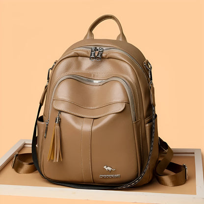 Genuine leather tassel backpack in khaki, black or brown with anti-theft pockets for casual travel