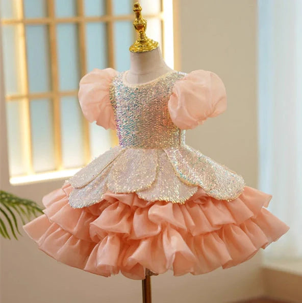 Girls' orange sequin princess dress with puff sleeves, shown in seven height options from 100cm to 160cm