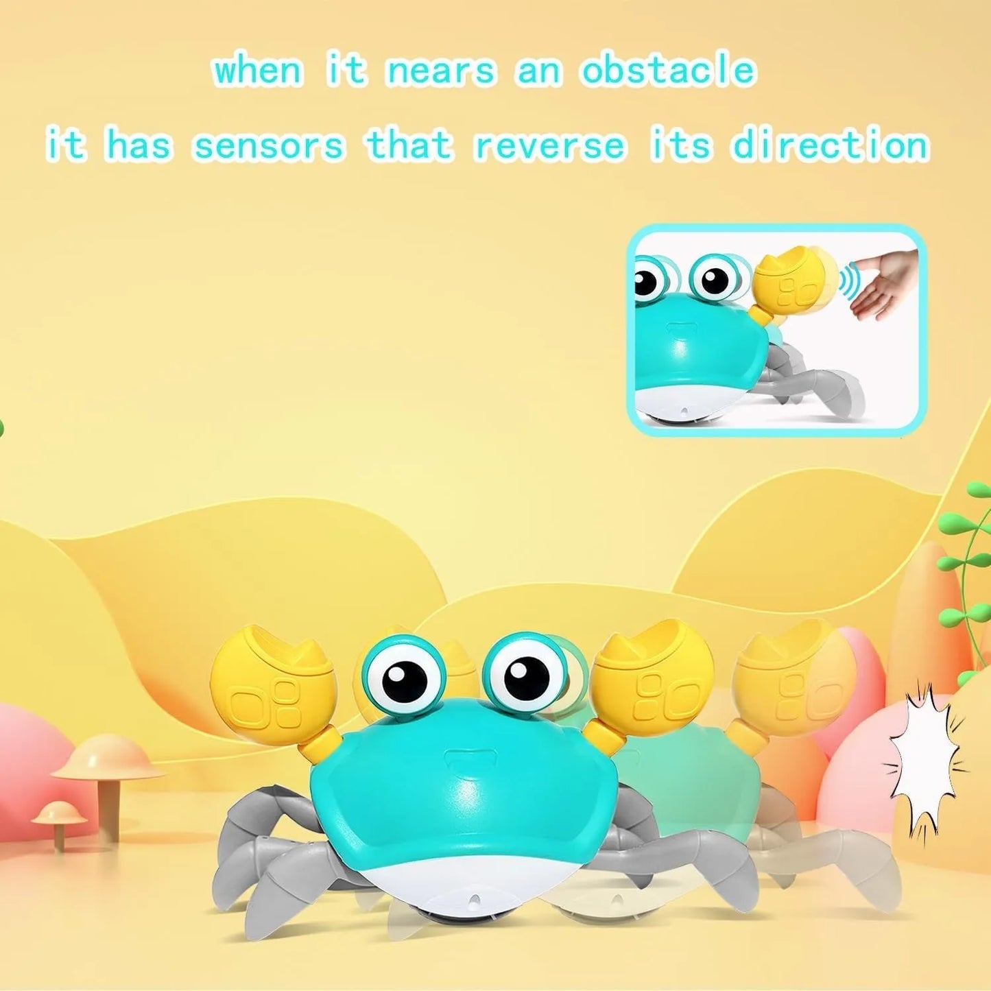 Blue crawling crab dog toy with obstacle avoidance sensor, measuring 21.5cm long, on a flat surface