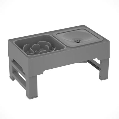 Adjustable height dog feeding stand with two stainless steel bowls in black or grey colours.