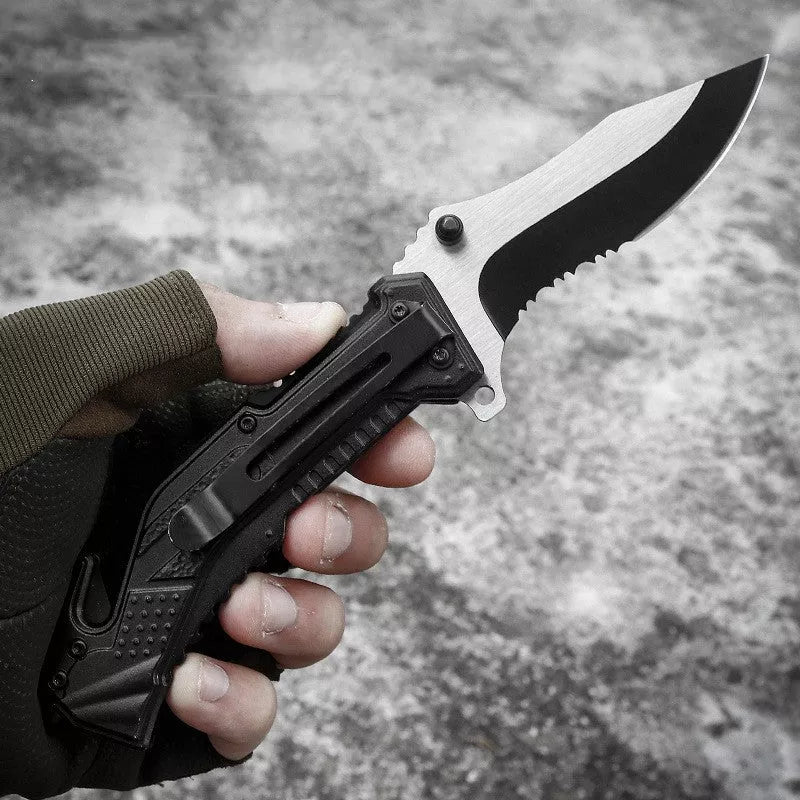 Tactical folding knife with black handle and 3Cr13 blade for survival