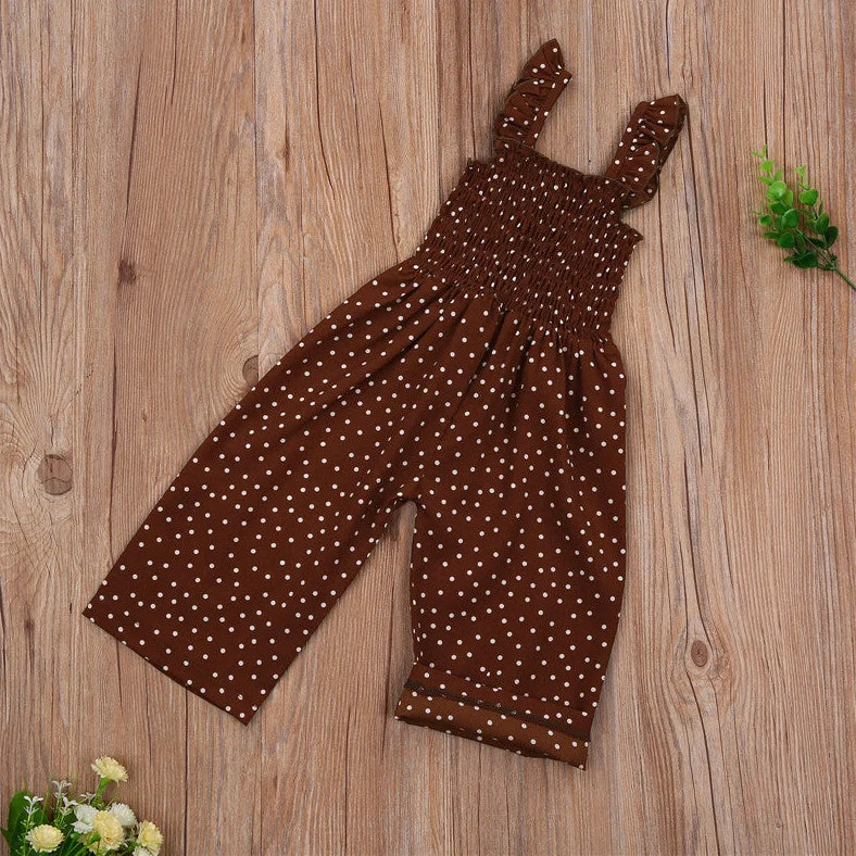Brown polka dot sleeveless jumpsuit on child, showing non-hooded design and thin fabric suitable for heights 90-130cm