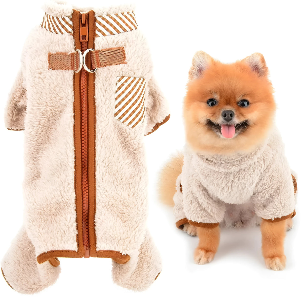 Green plush fleece dog jumpsuit coat with a back zipper and D-rings on a small dog.