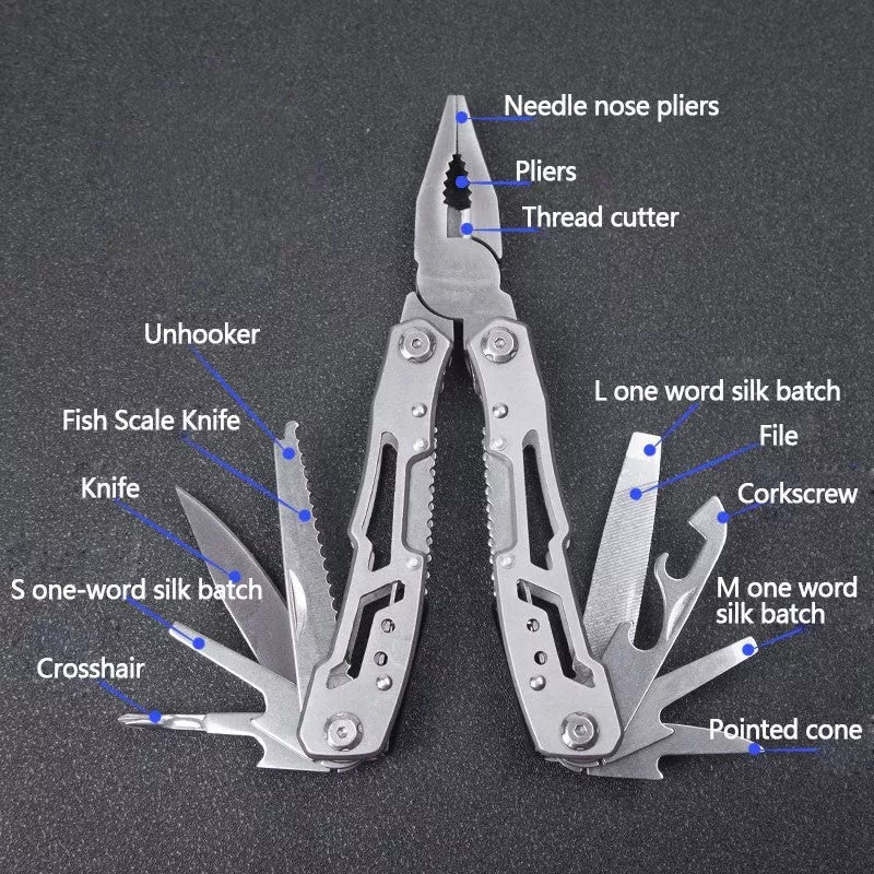 All Steel Multi-function Pliers with 14 tools including pliers, screwdrivers, and cutter